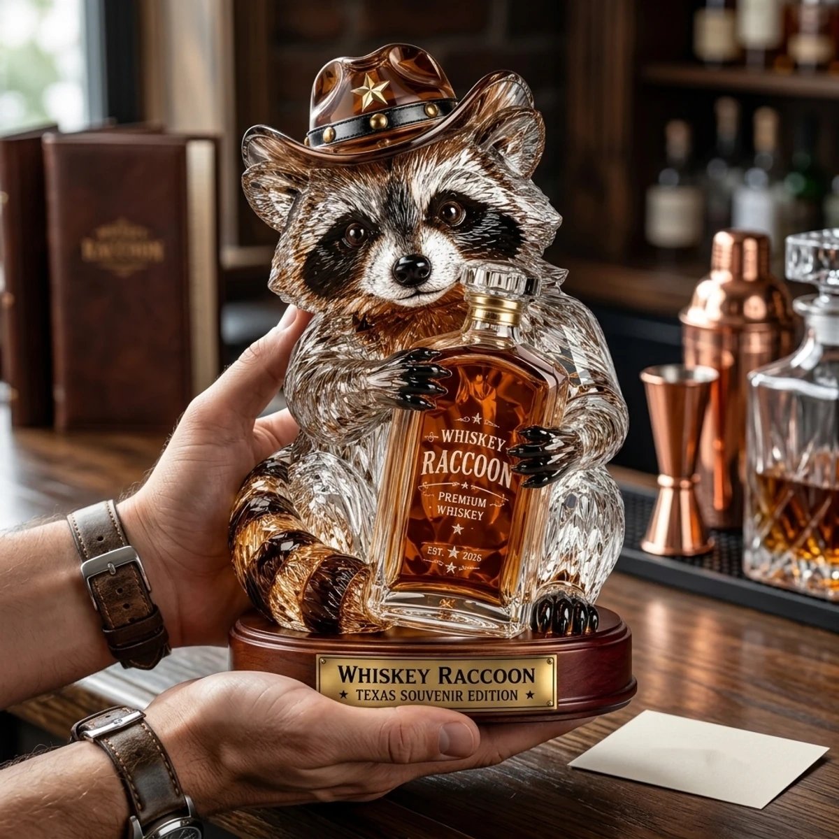 Hand holding the Western whiskey raccoon collectible