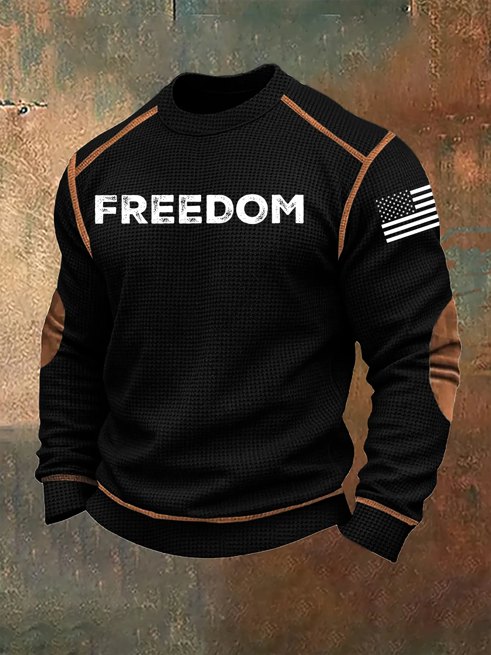 Men's Freedom Flag Print Waffle Panel Long Sleeve Top