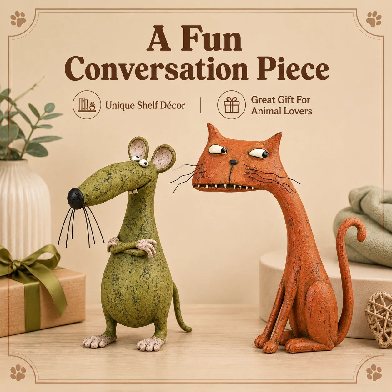 Vintage mouse and cat figurines presented as humorous gifts for animal lovers