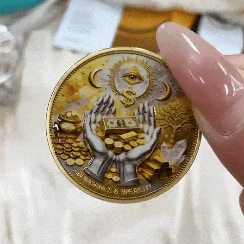 Animated close up showing the raised surface detail of the abundance side of the wealth coin