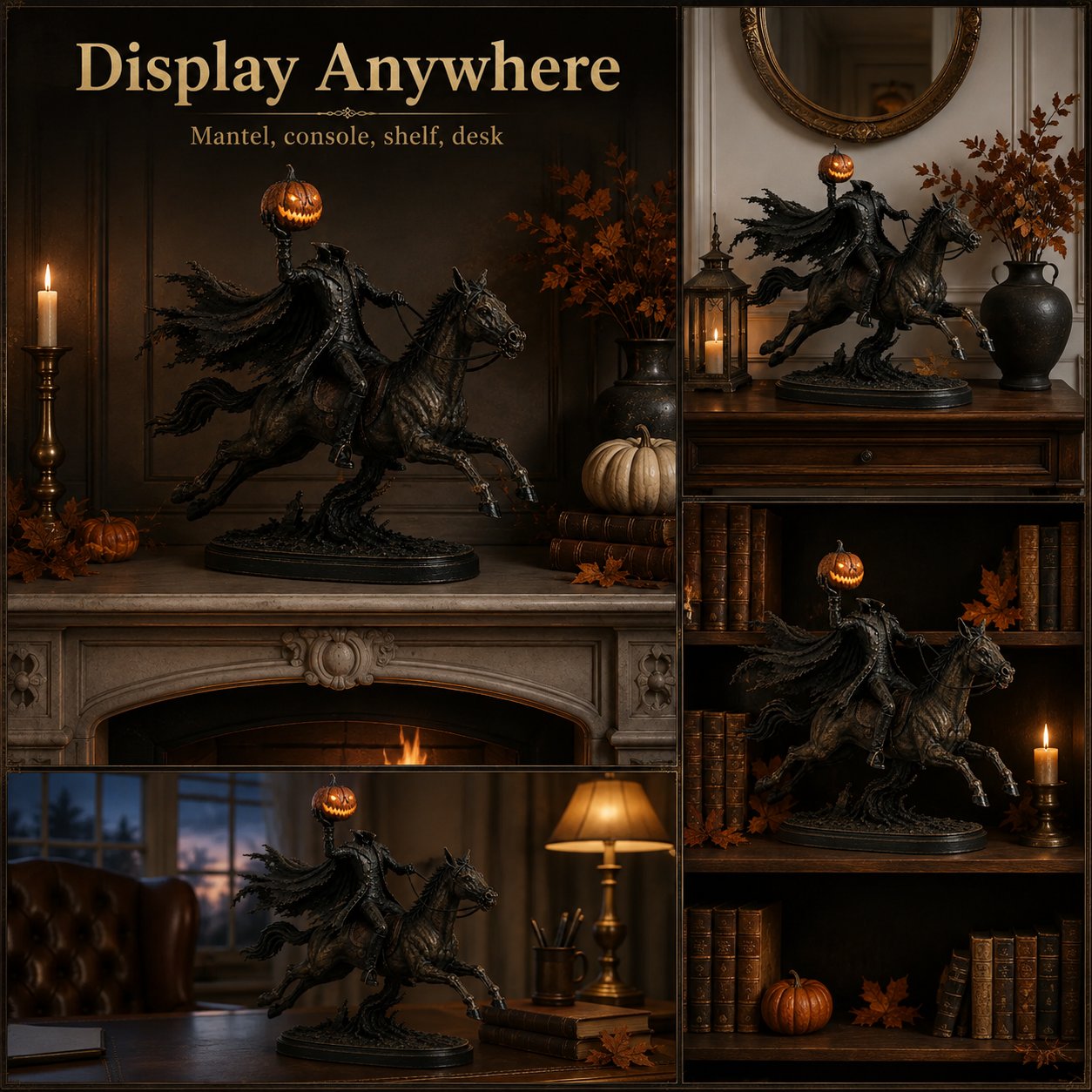 Headless Horseman statue displayed on mantel shelf console and desk