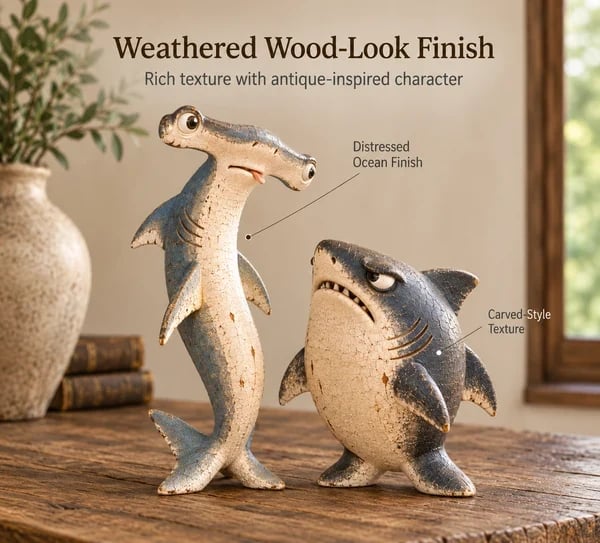 Weathered finish detail of The Odd Shark Duo