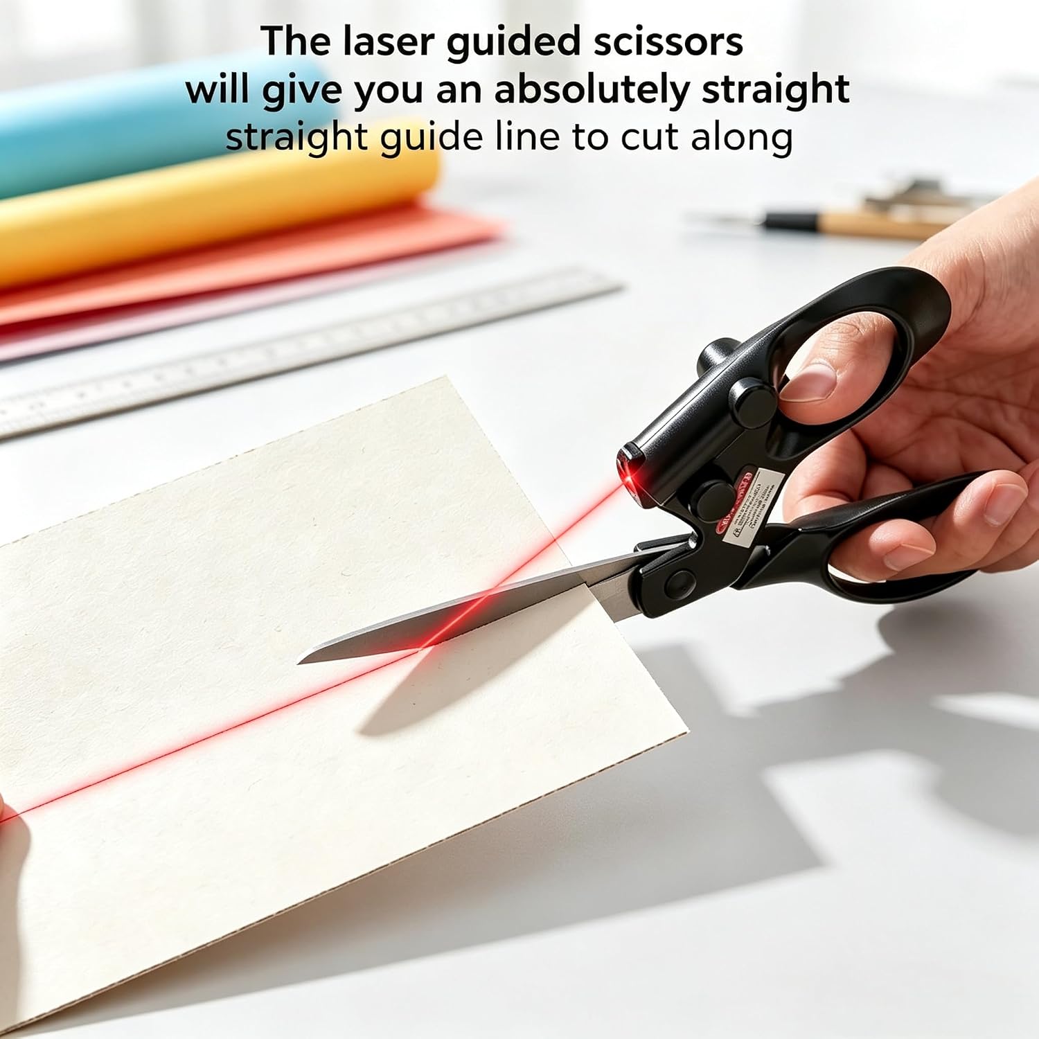 Hand using laser guided scissors to cut along a visible red line on paper