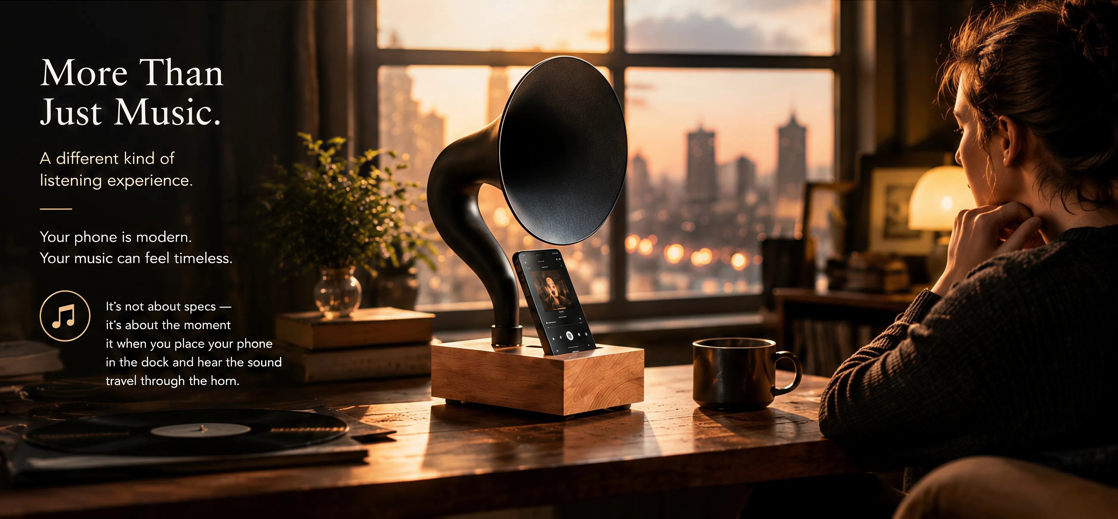 Wood and metal passive acoustic phone horn
