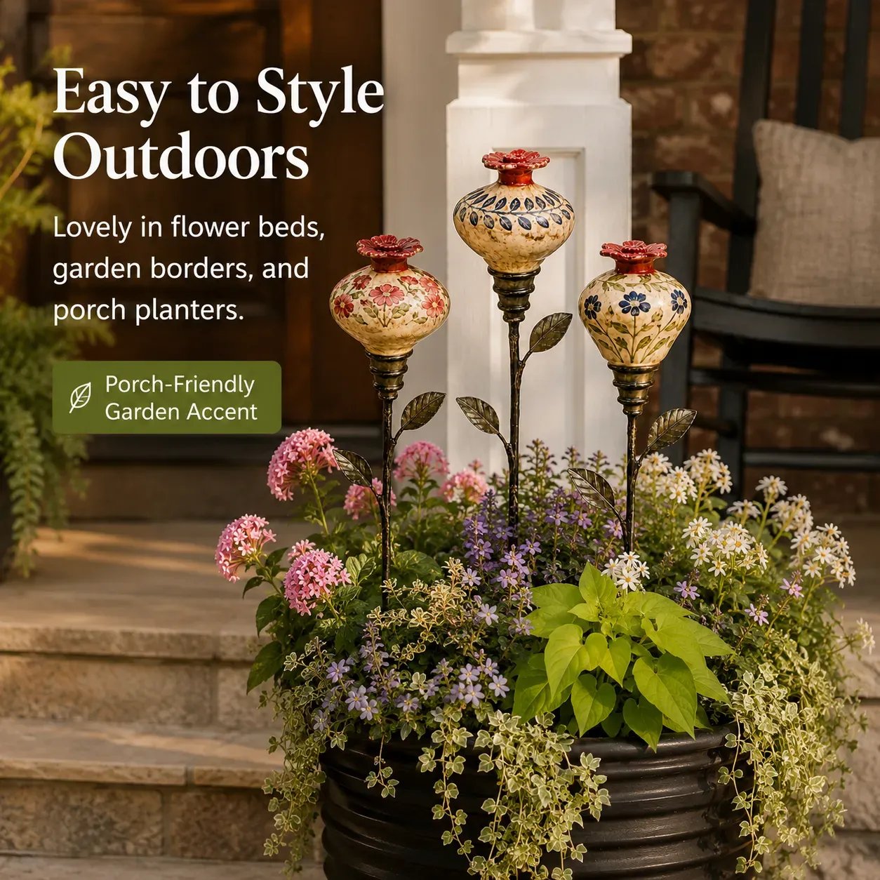 Feeders arranged in a porch planter