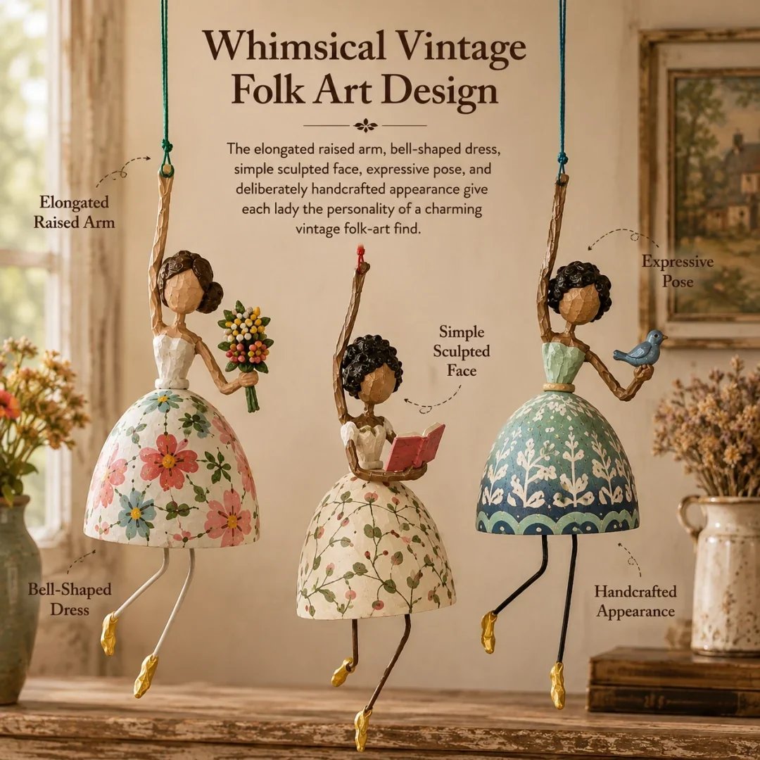 Playful dancing poses of whimsical hanging lady ornaments