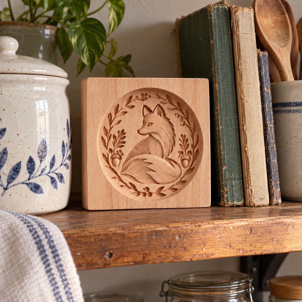 Fox wooden cookie mold displayed on a kitchen shelf beside a ceramic jar and books