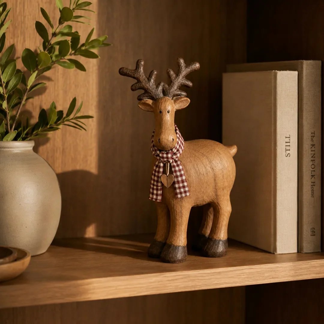 Rustic reindeer styled on bookshelf