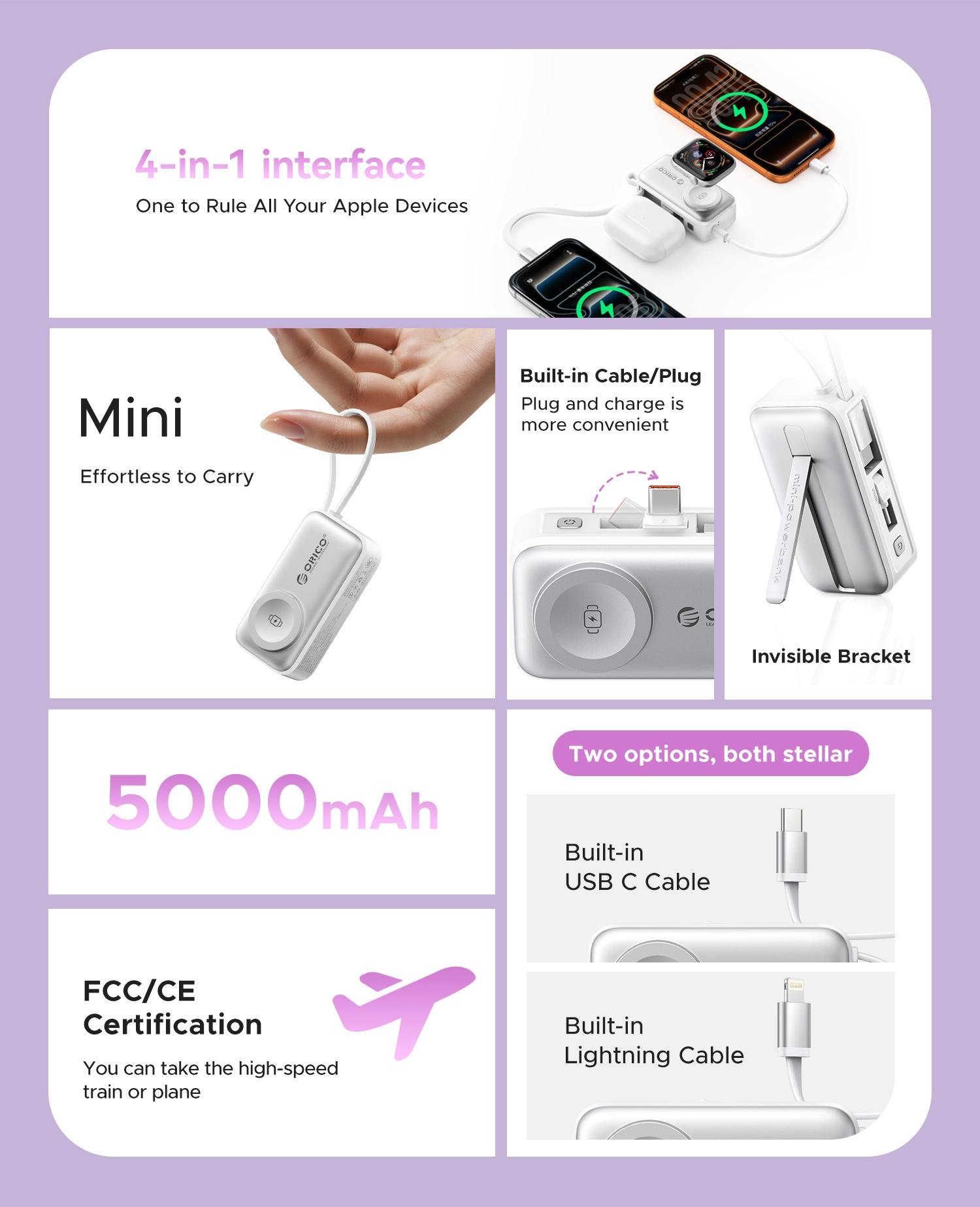 Orico 3-in-1 Portable Power Bank with Integrated Cable, Watch Wireless Charging, and Foldable Wall Plug – Compact Fast-Charge Battery for iPhone & Android - S18 Orico 3-in-1 Portable Power Bank with Integrated Cable, Watch Wireless Charging, and Foldable Wall Plug – Compact Fast-Charge Battery for iPhone & Android - S18