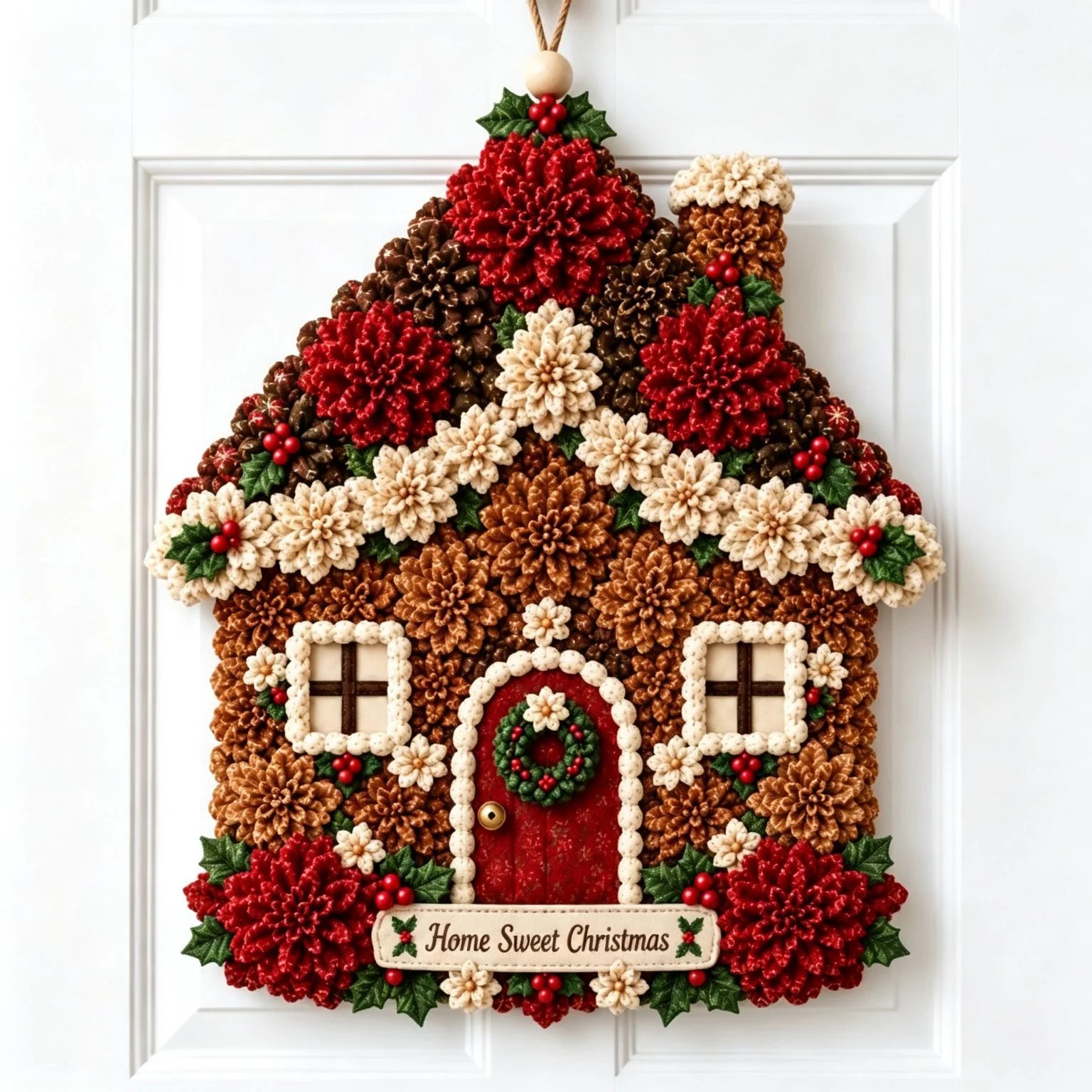 Gingerbread cottage fabric flower door hanging design