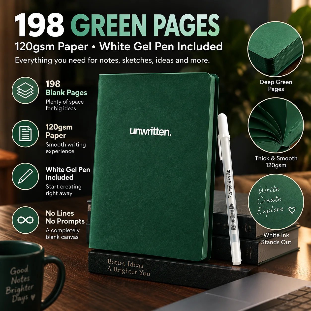 Minimal deep green notebook with white gel pen