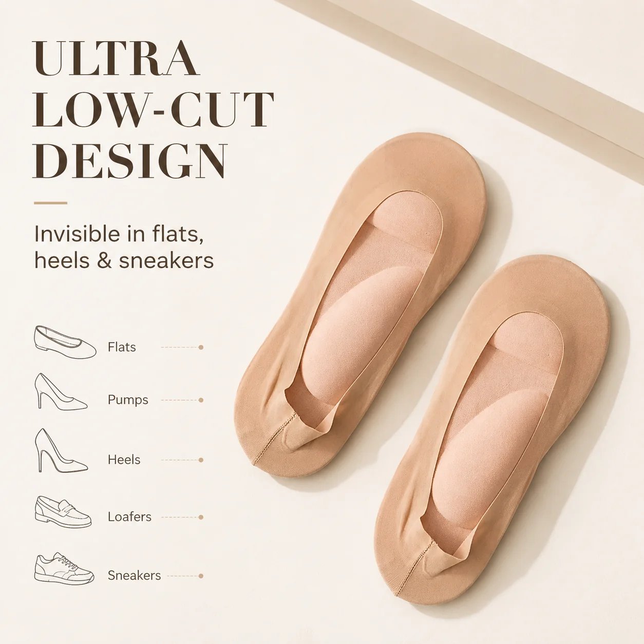 3D cushioned no-show footie socks providing arch and foot support