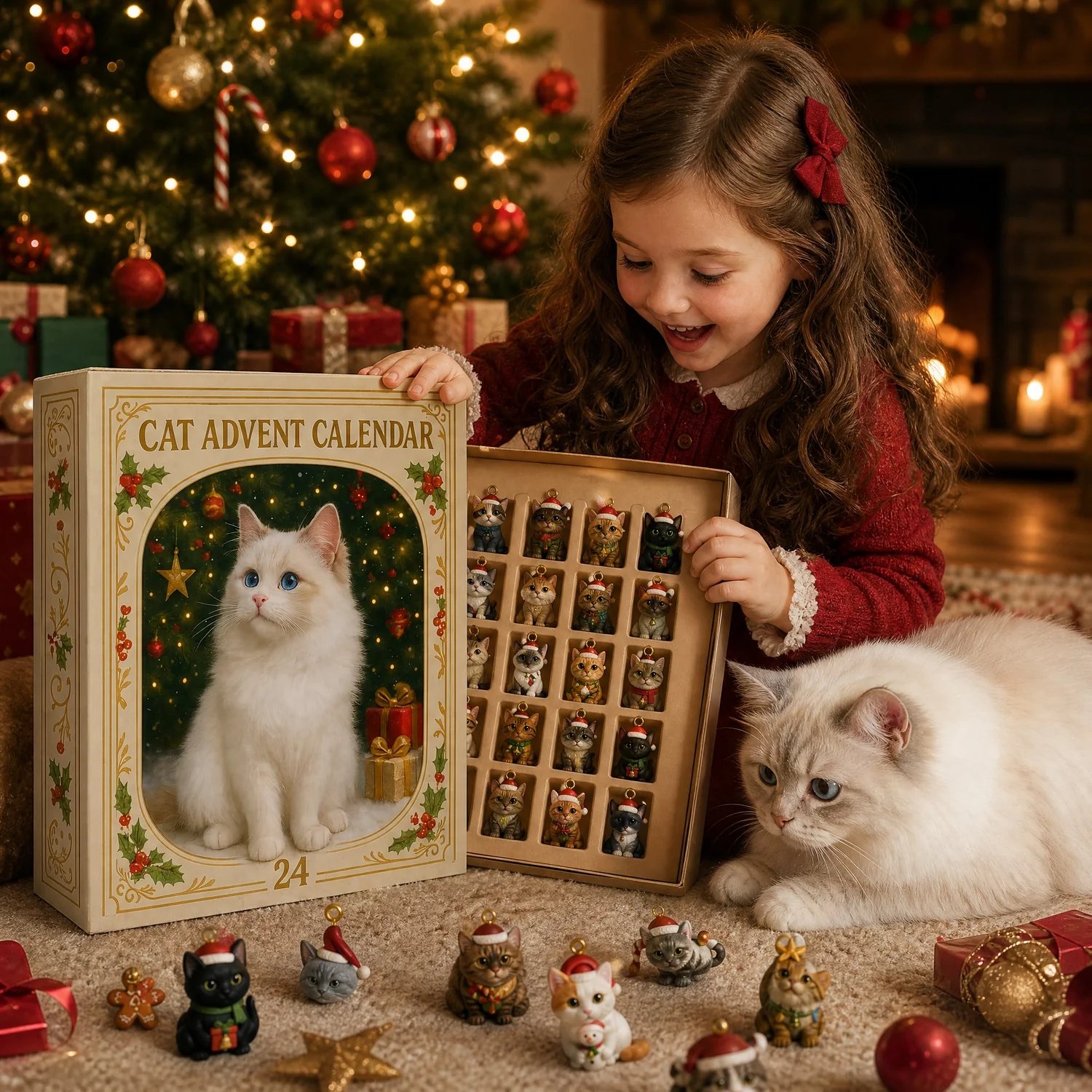 Festive collection of Christmas cat miniatures gathered around a holiday tree