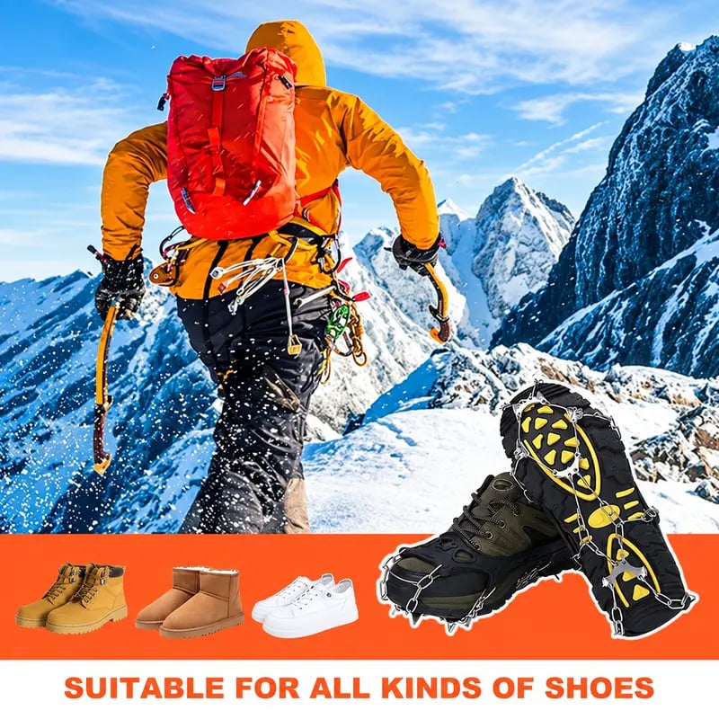 Ice cleats shown with different styles of footwear