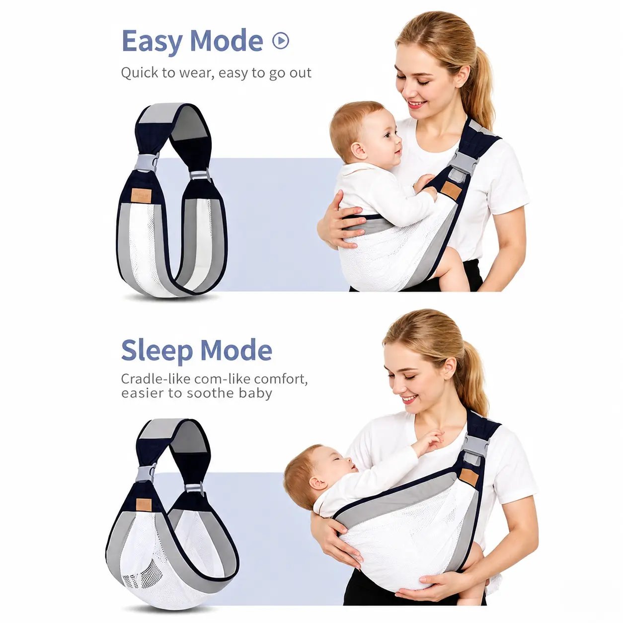 Baby sling upright and cradle carrying positions