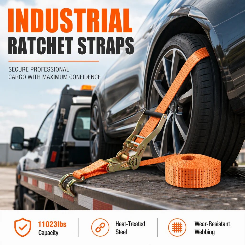 Industrial heavy duty orange ratchet cargo strap securing vehicle