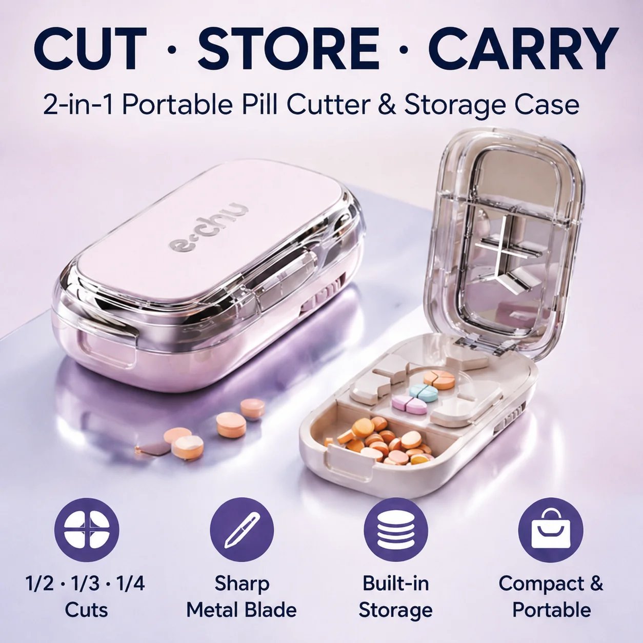 Portable two in one pill cutter and storage case