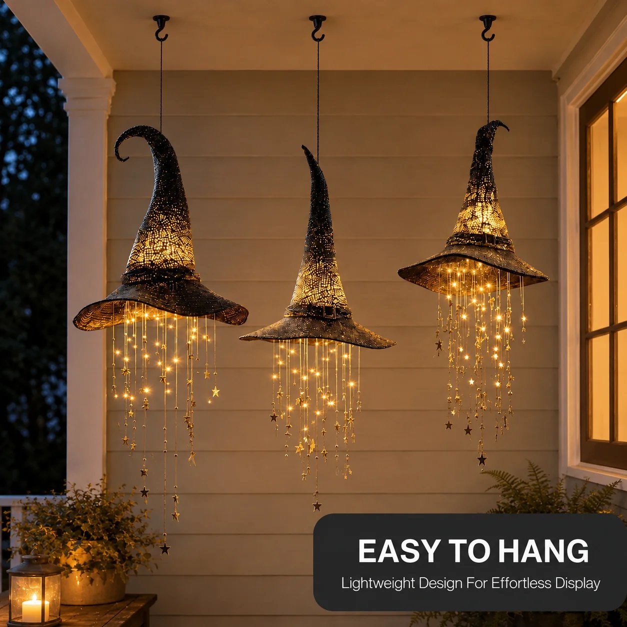 Glowing Halloween Witch Hat with Cascading Stars