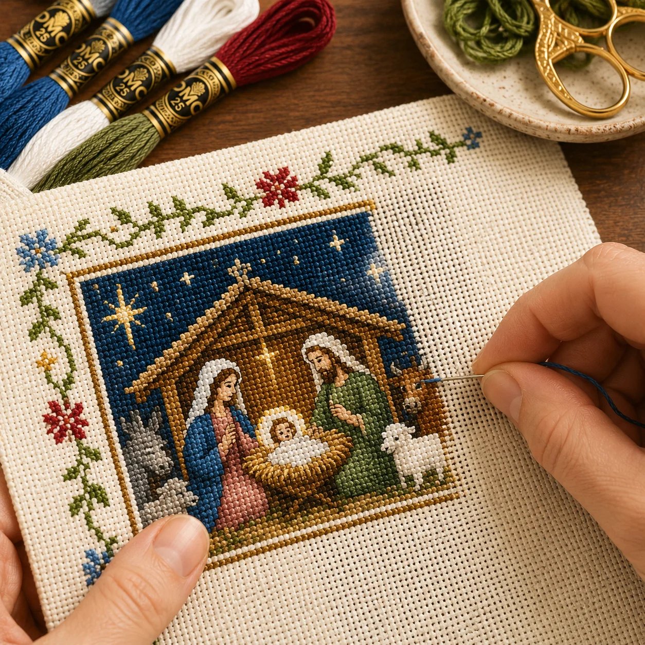 Biblical cross stitch design detail in progress