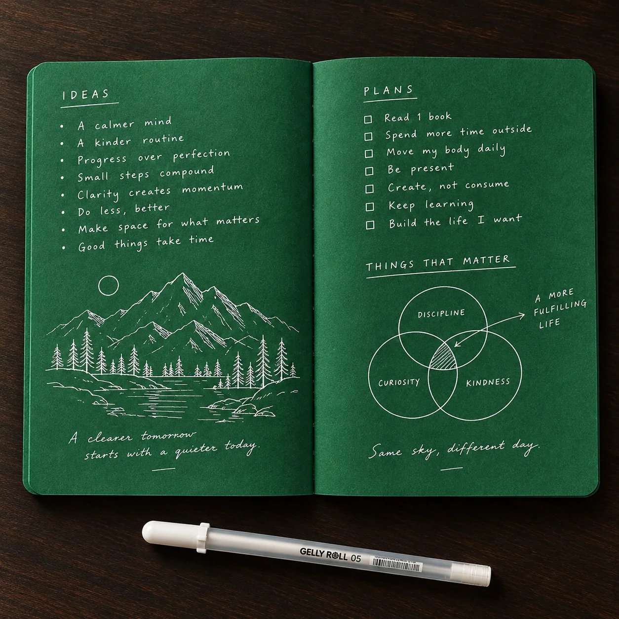 Green notebook with white notes plans diagrams and illustrations