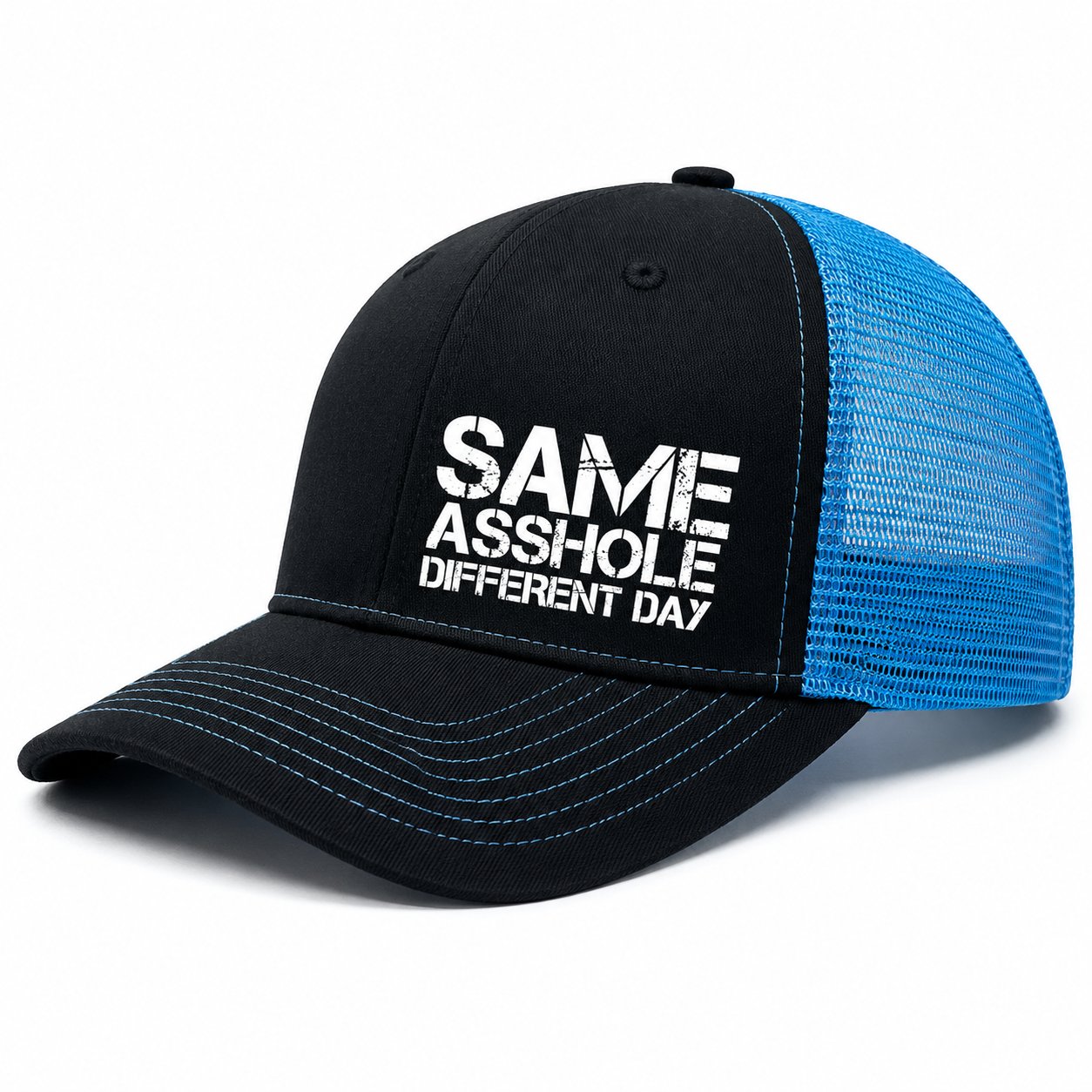 Close up of funny trucker hat fabric mesh and graphic print