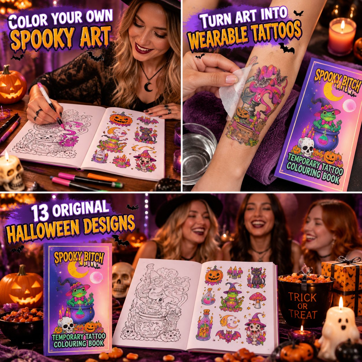 Close view of the 13 witchy spooky Halloween tattoo coloring designs
