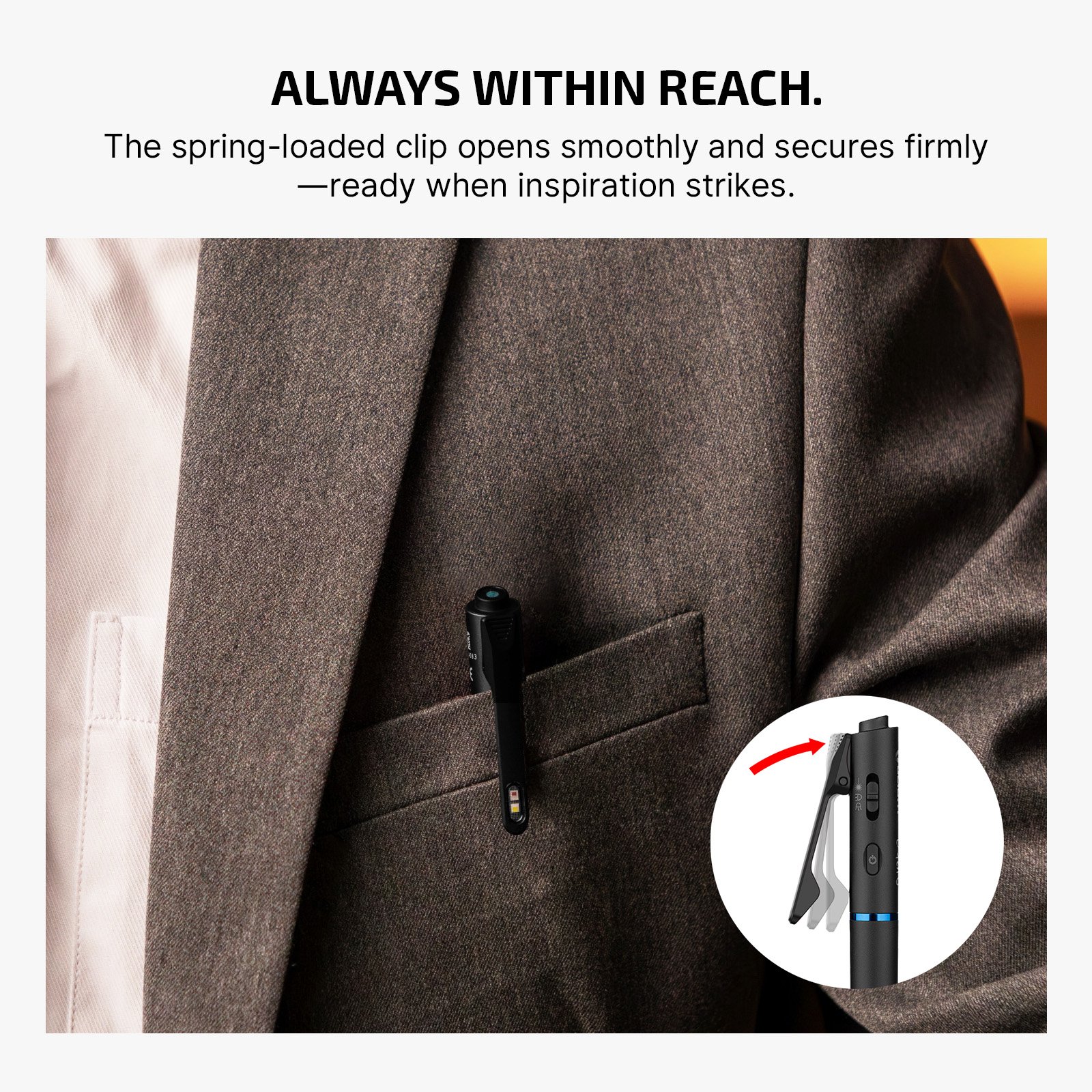 Mic with spring-loaded clip in jacket pocket, ready for use, showing secure attachment.