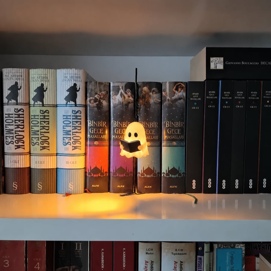 Cute reading ghost lantern hanging on bookshelf