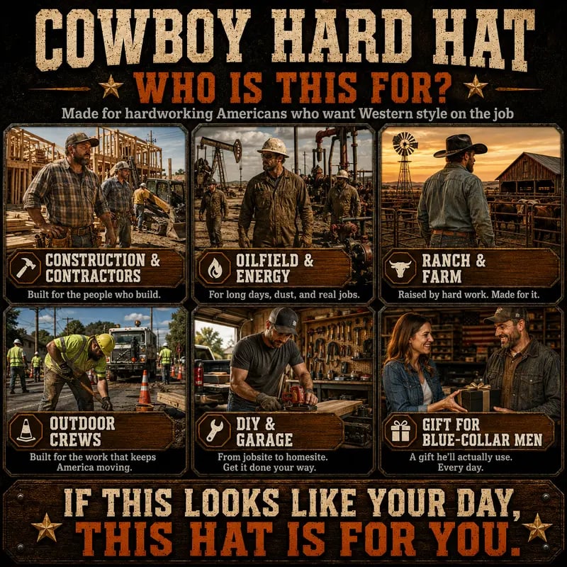 Workers wearing cowboy safety helmet in various environments