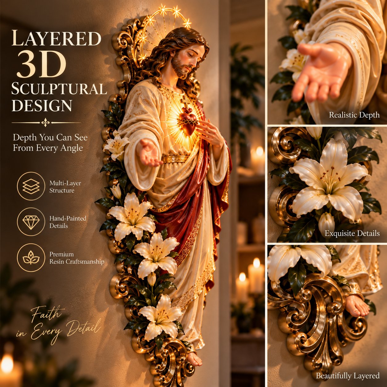 Sacred Heart of Jesus 3D lighted wall decor detail