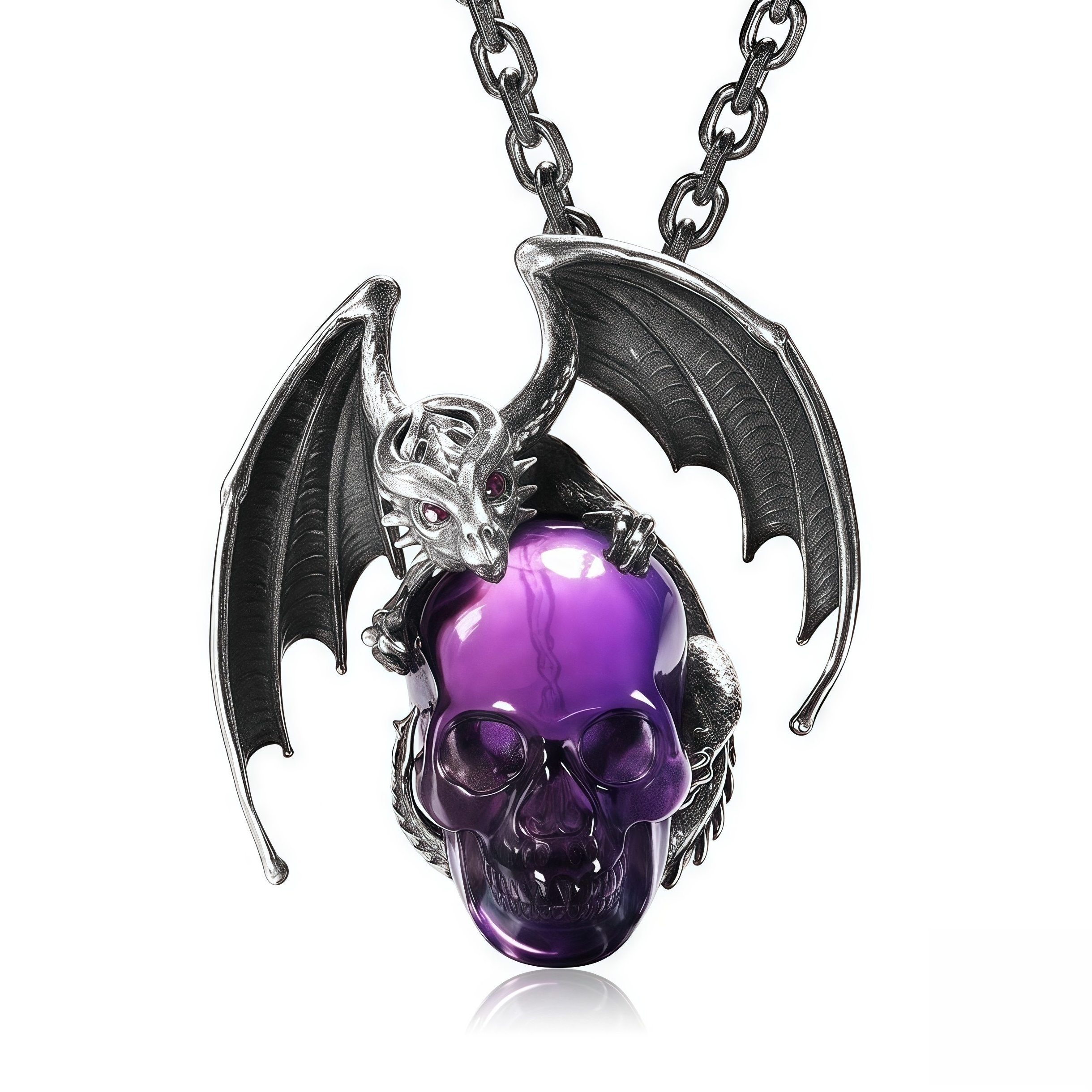 🔥LAST DAY 50% OFF🐉💀Necklace of Amethyst & Silver Carved Crystal Skull with Ruby Eyes Dragon Pendant and 925 Chain,Skull Jewelry