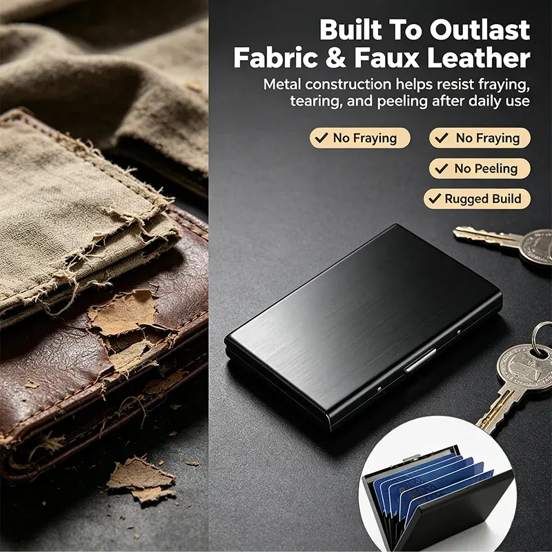 Hand pressing the latch and the wallet showing fan of cards
