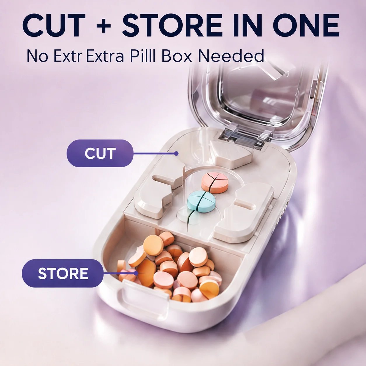 Pill cutter with built in pill storage compartment