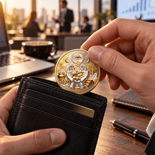 Abundance Wealth Coin being placed into a wallet