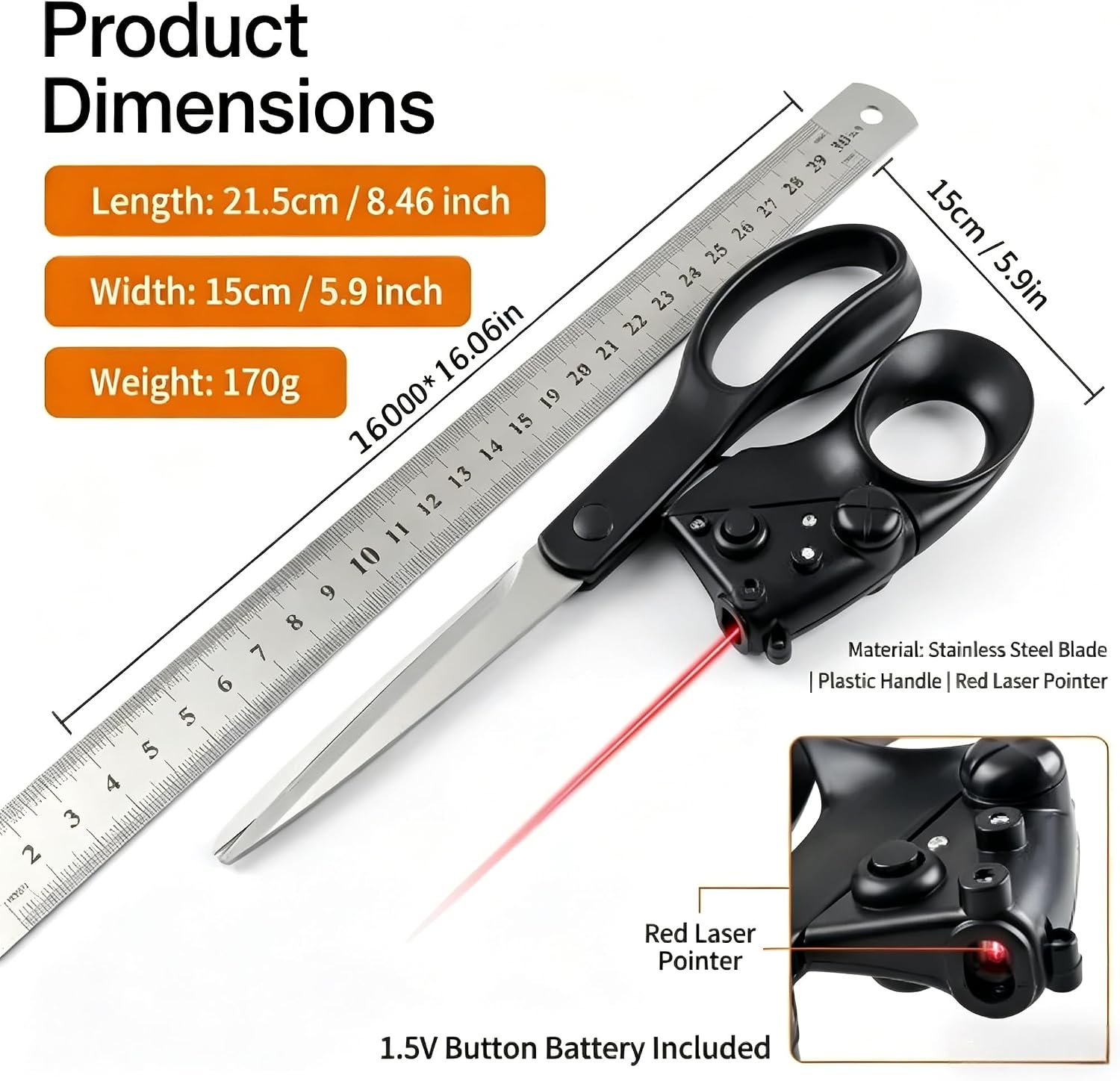 Scissors dimensions and battery information with stainless steel blades and plastic handle