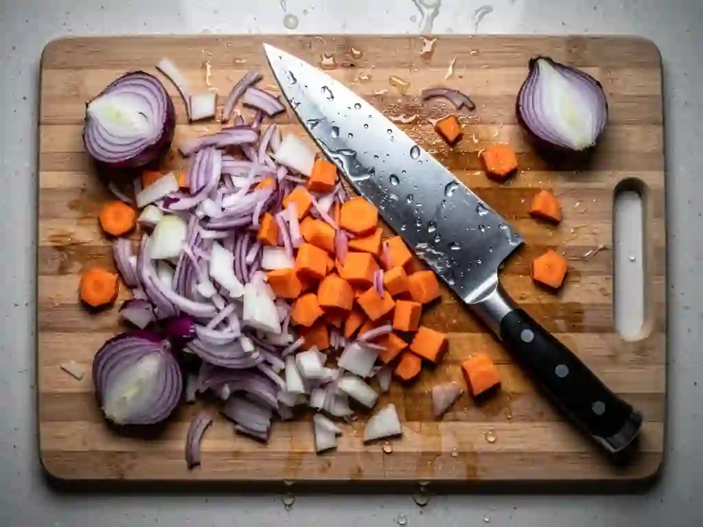 Hand-cut vegetables on a cutting board with uneven cuts and more mess