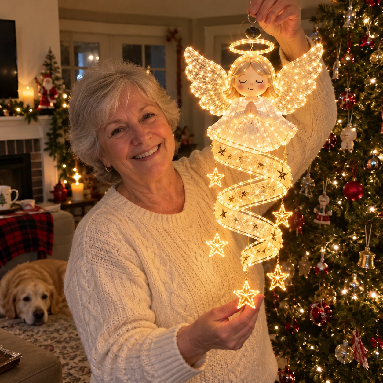 Customer holding a softly glowing Angel Spiral light beside a Christmas tree