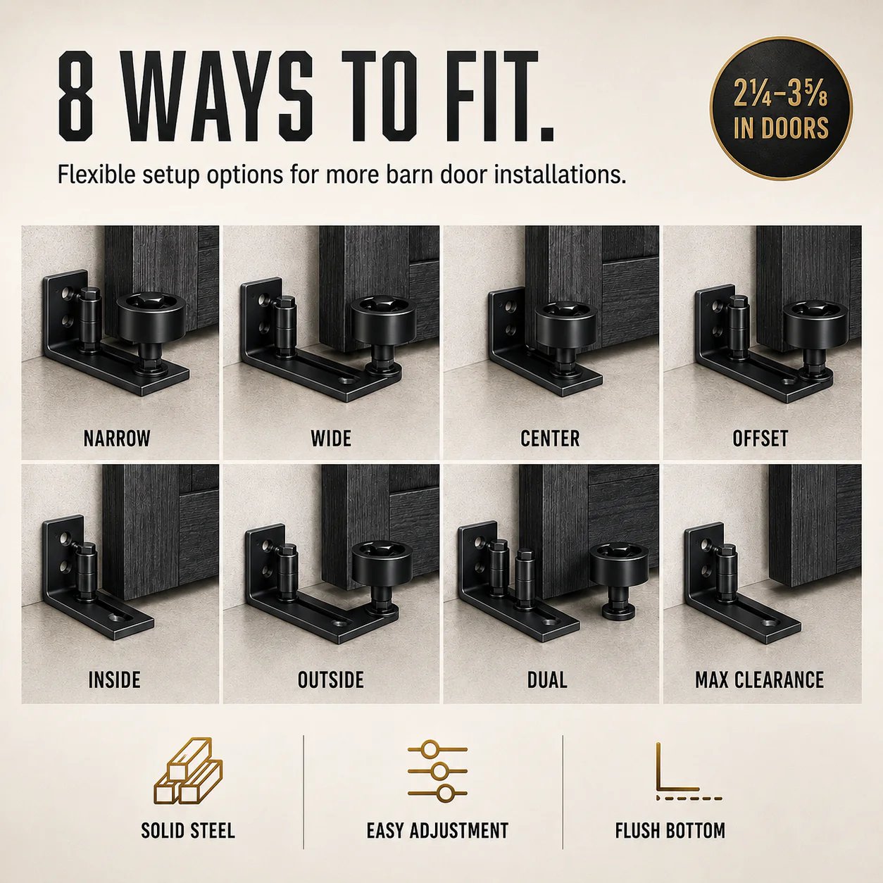 Illustration of 8 different assembly configurations for versatile mounting