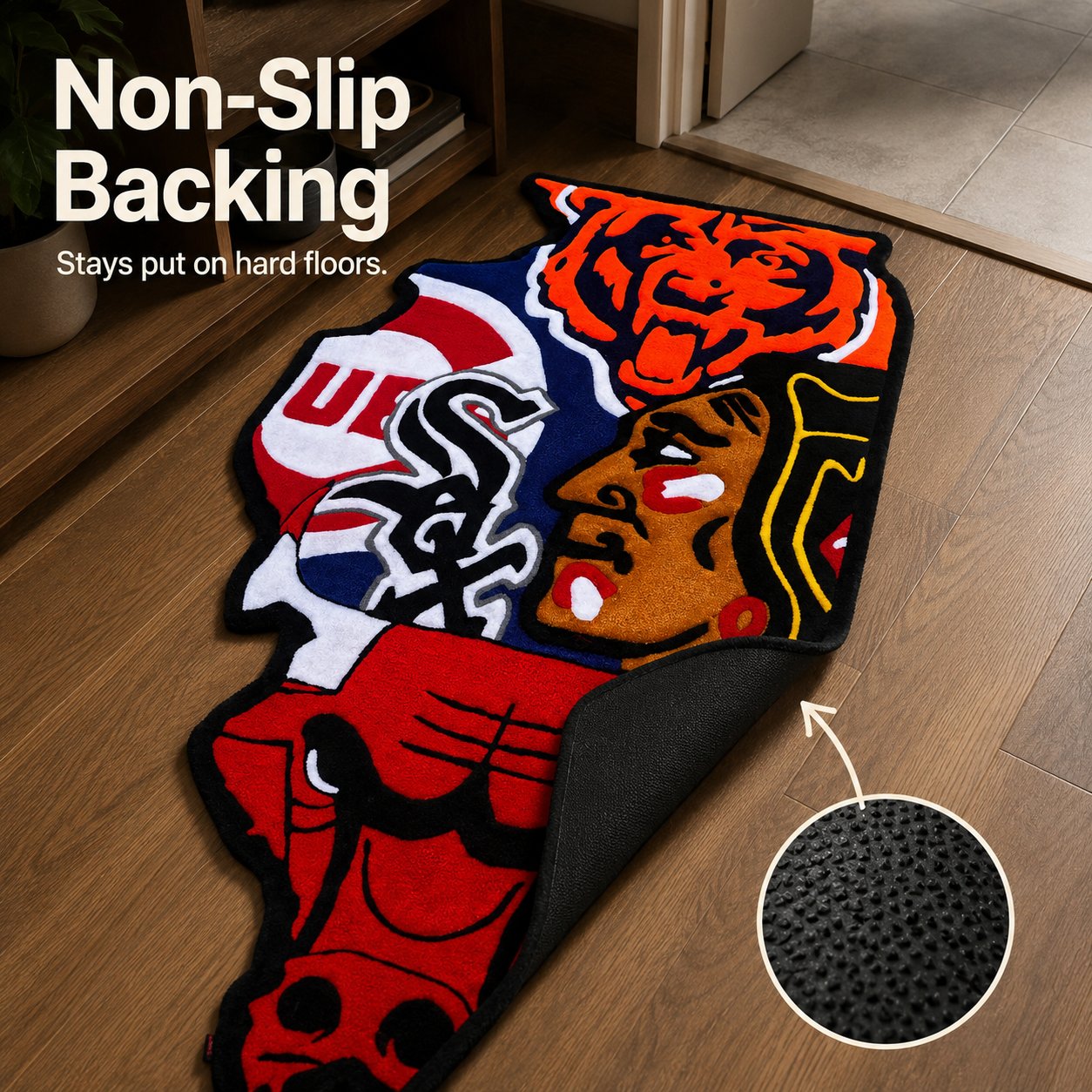 Non-slip backing of Chicago sports fan rug