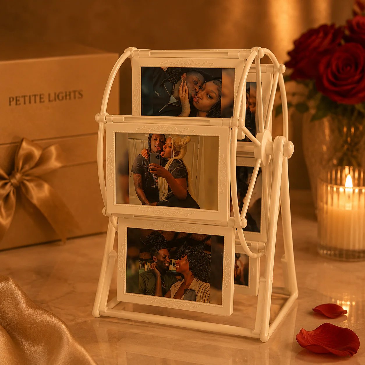 White rotating photo wheel with colorful decorative lights