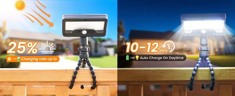 1 2pcs solar motion camping lights ip65 portable solar flood light outdoor dual charging 600lumen 92leds security lights with flexible octopus tripod for camping patio fence garden details 6