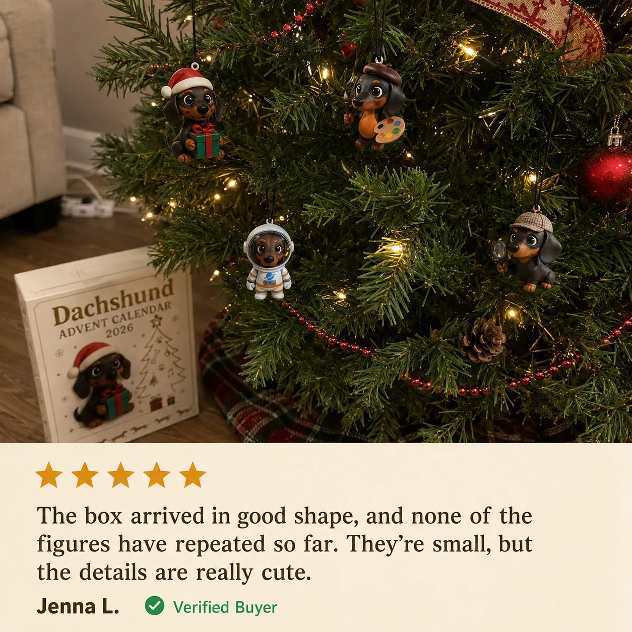 Verified customer review showing dachshund ornaments on a Christmas tree