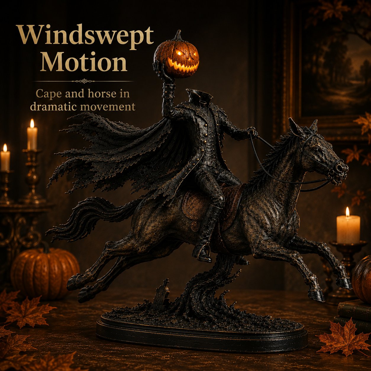 Windswept cape and galloping horse details