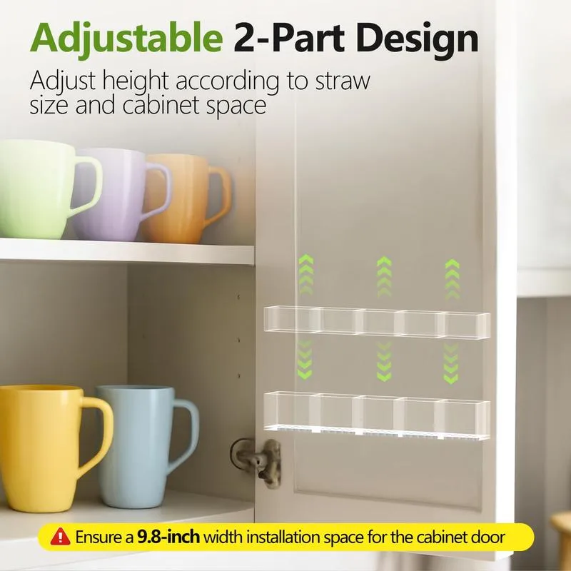 Straw Holder for Cabinet Door, 9.8” Adjustable Two-Part Large Acrylic Straws Organizer with Ultra Sticky Adhesive Strips, 2026 Reusable Utensil Storage for Kitchen Cupboard(Transparent)