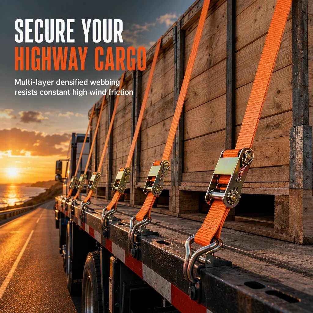 Orange heavy duty ratchet straps securing highway cargo