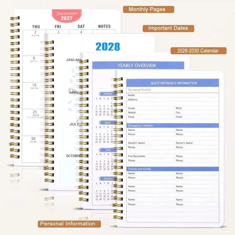 Monthly planner pages and annual reference sections