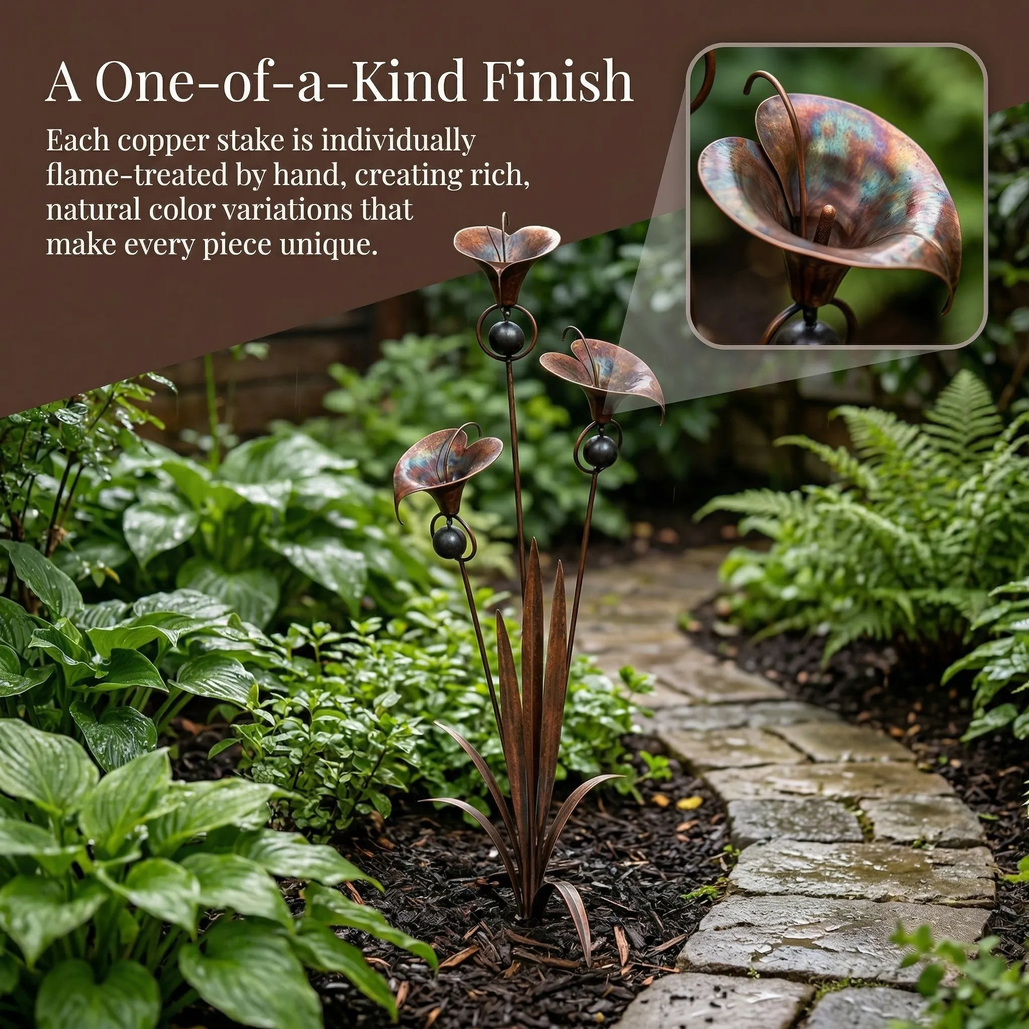 Flamed Copper Three Calla Lilies Garden Stake with Bells Flamed Copper Three Calla Lilies Garden Stake with Bells