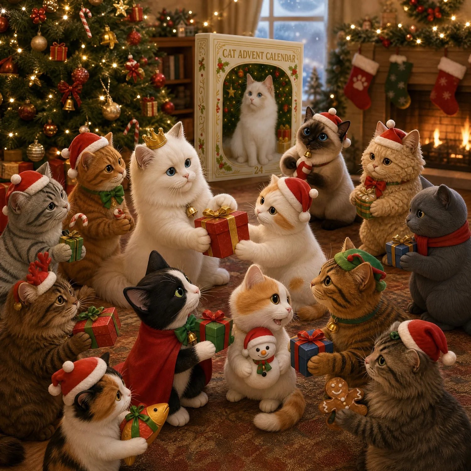 Child enjoying a cat advent calendar beside a Christmas tree