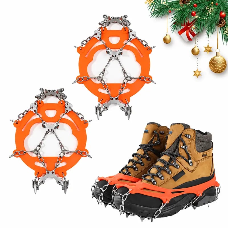 Multiple orange ice cleats with winter boot