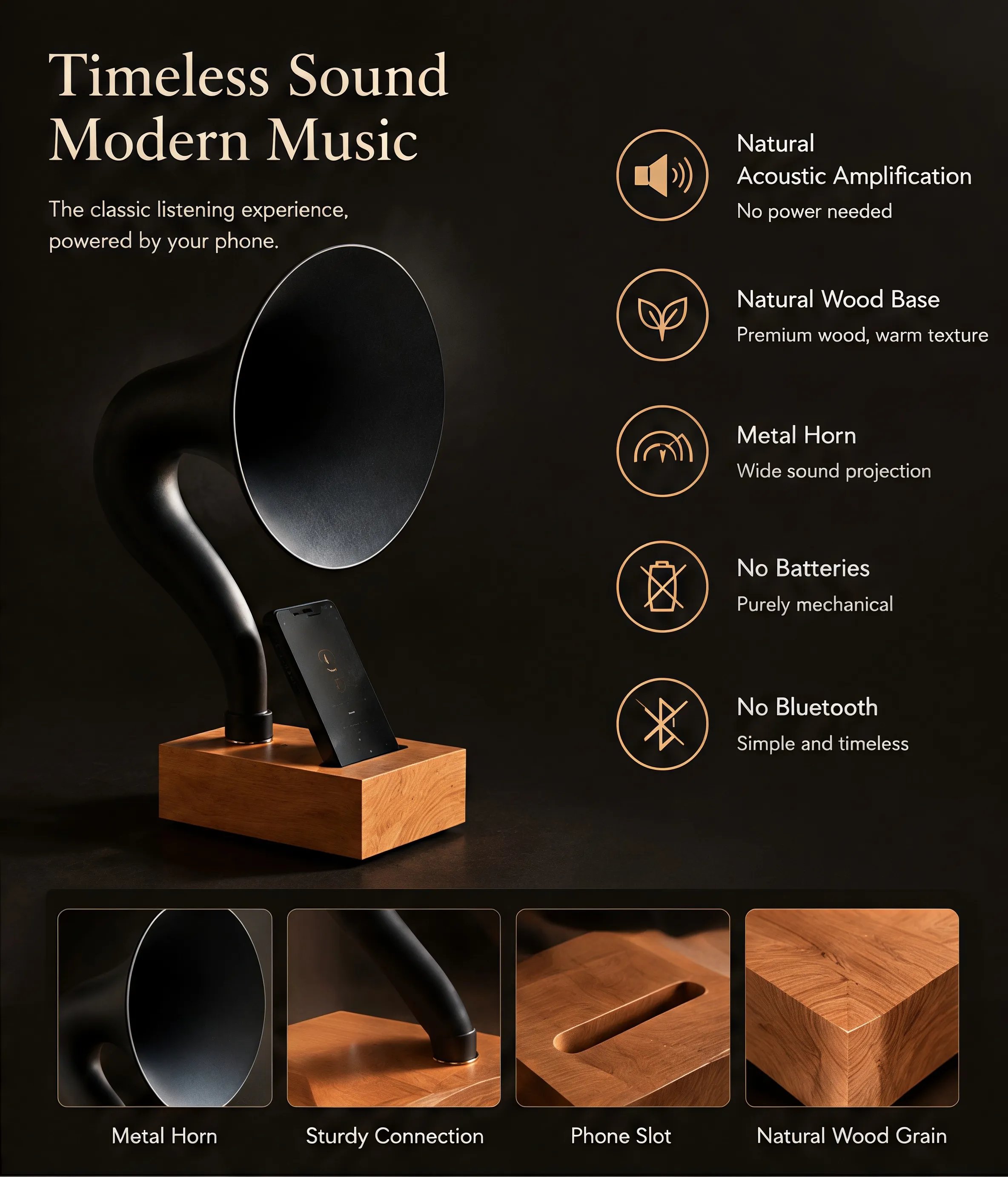 Wooden base and metal horn details